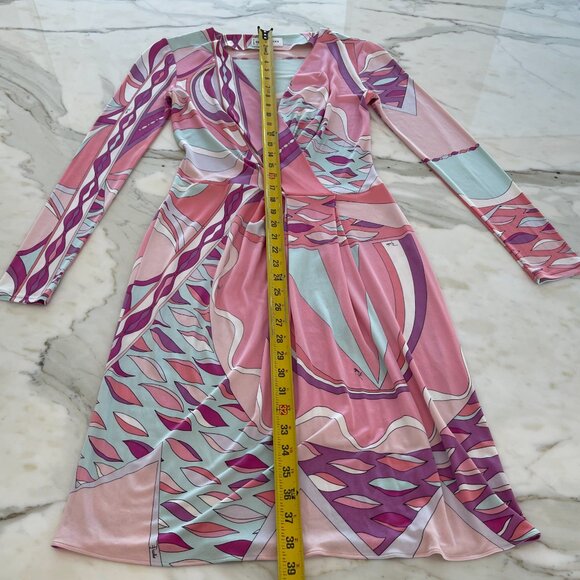 EMILIO PUCCI PINK MULTI FAUX WRAP BELTED DRESS SIZE IT 42 / US 8 - Picture 13 of 14